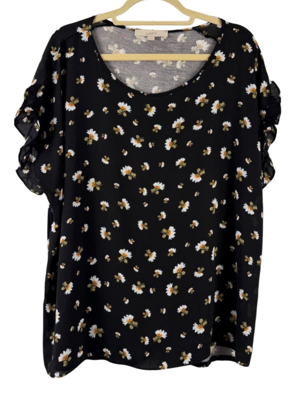 LOFT Blouse XL Black Floral Ruffle Sleeve Scoop Neck